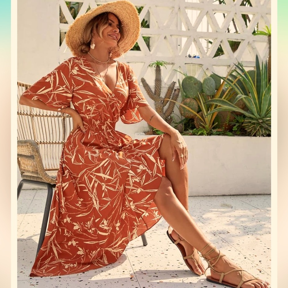 Women Short Sleeve V Neck Floral High Low Flowy Summer Party